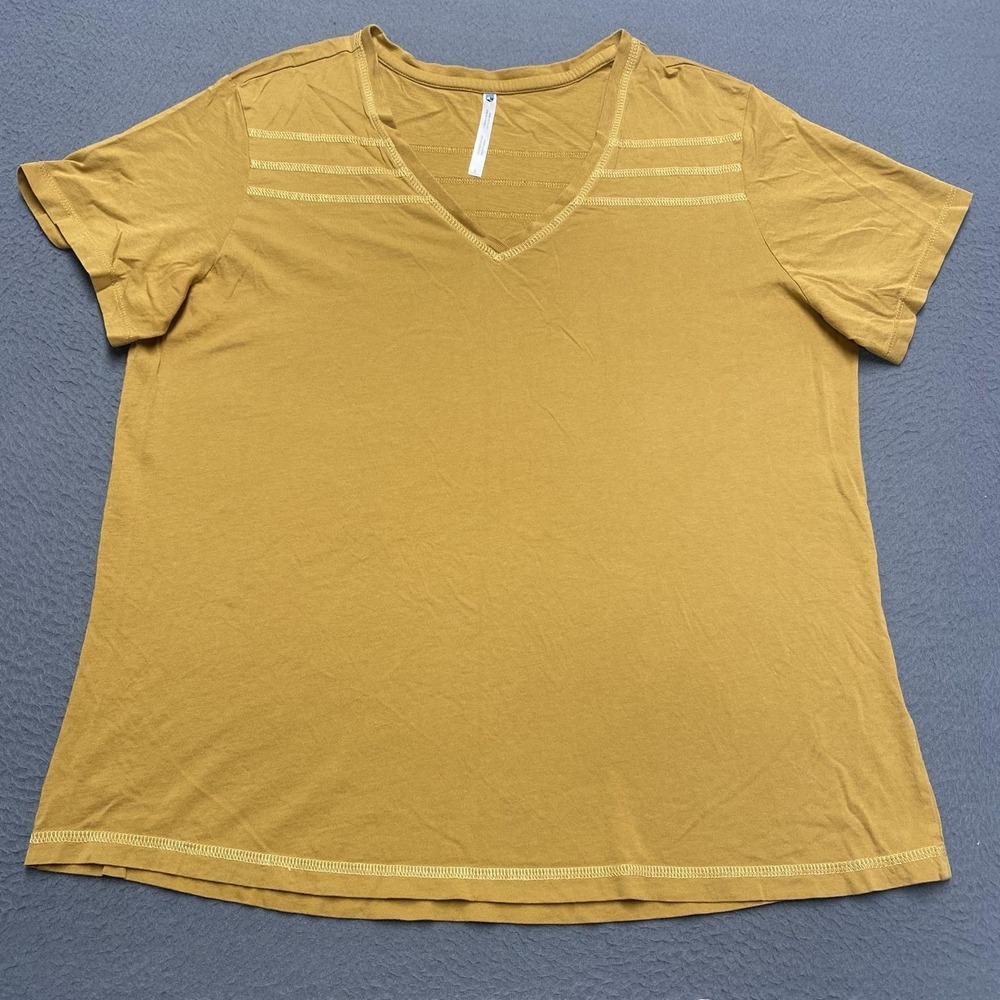 Kuhl Shirt Womens Large Yellow V Neck Cotton Embroidered Tee Short Sleeve